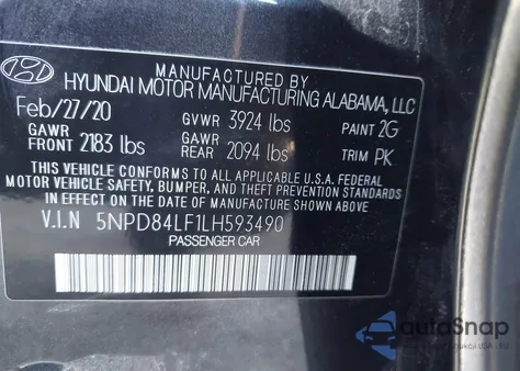 2020 Hyundai Elantra Value Edition z USA, uszkodzony, nr VIN 5NPD84LF1LH593490